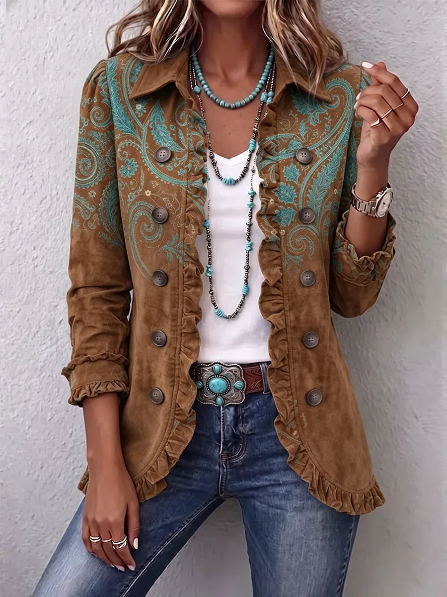 Women's Floral Embroidered Jacket with Ruffle Trim