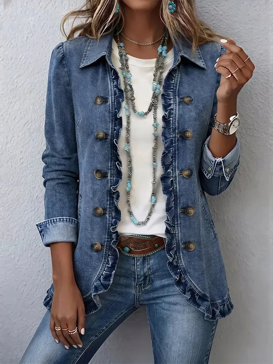 Women's Floral Embroidered Jacket with Ruffle Trim