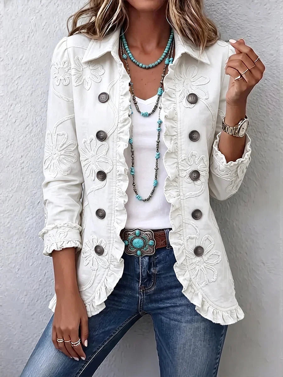 Women's Floral Embroidered Jacket with Ruffle Trim