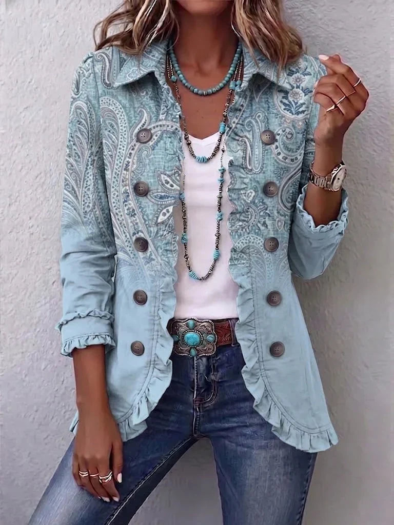 Women's Floral Embroidered Jacket with Ruffle Trim