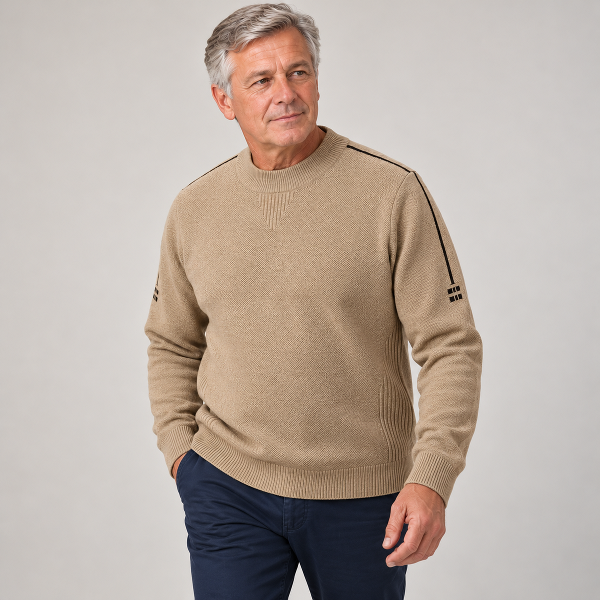 Men's Crew Neck Knit Sweater with Shoulder Detail