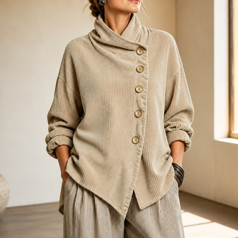 Women's Corduroy Top with Asymmetric Button Front