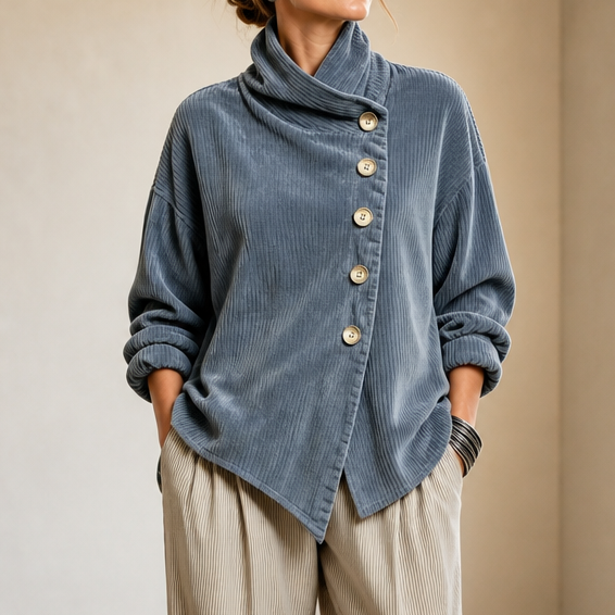 Women's Corduroy Top with Asymmetric Button Front
