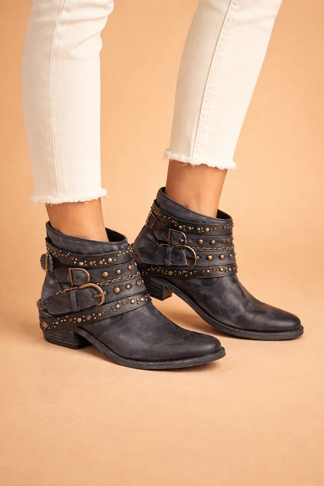 Women's Studded Buckle Strap Western Ankle Boots