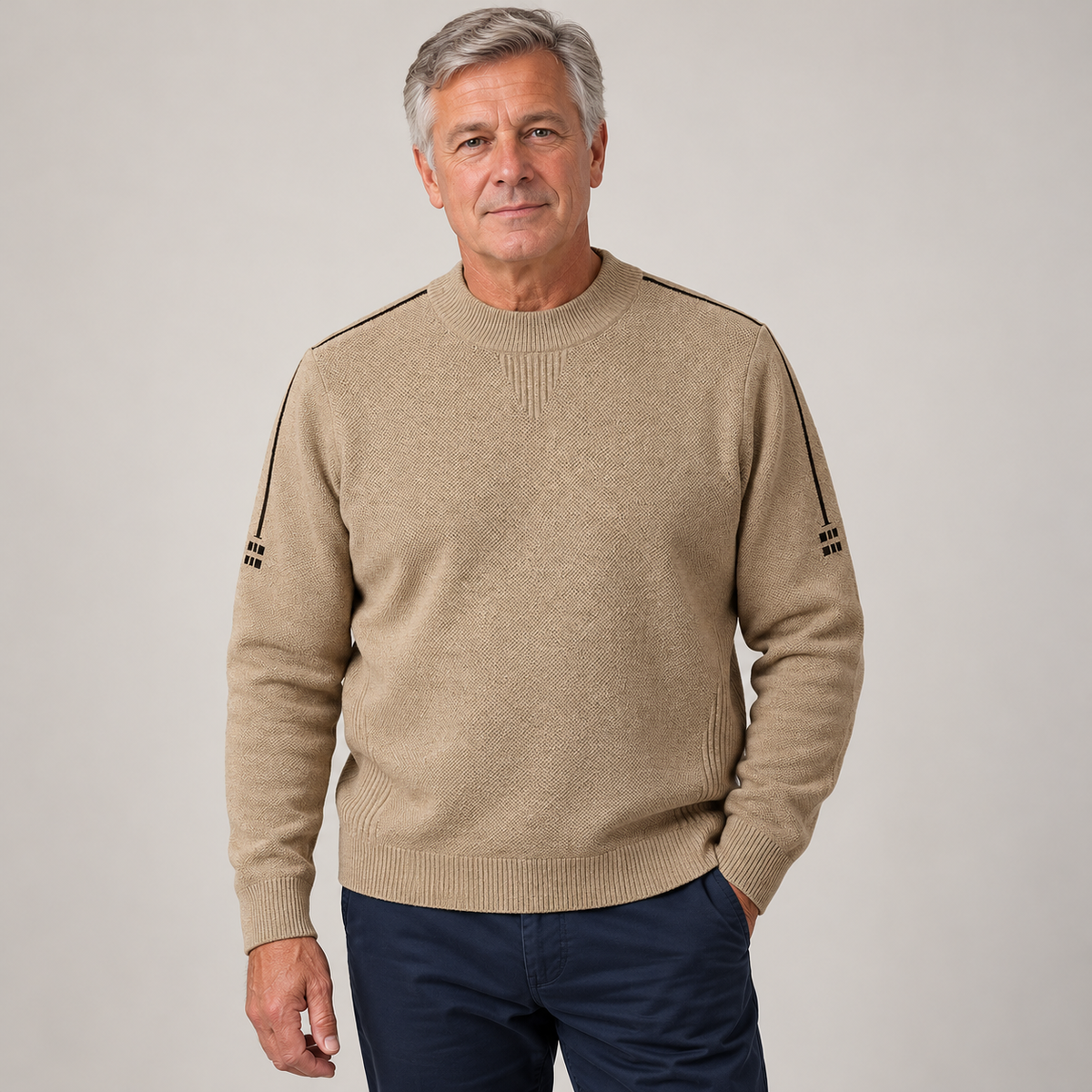 Men's Crew Neck Knit Sweater with Shoulder Detail