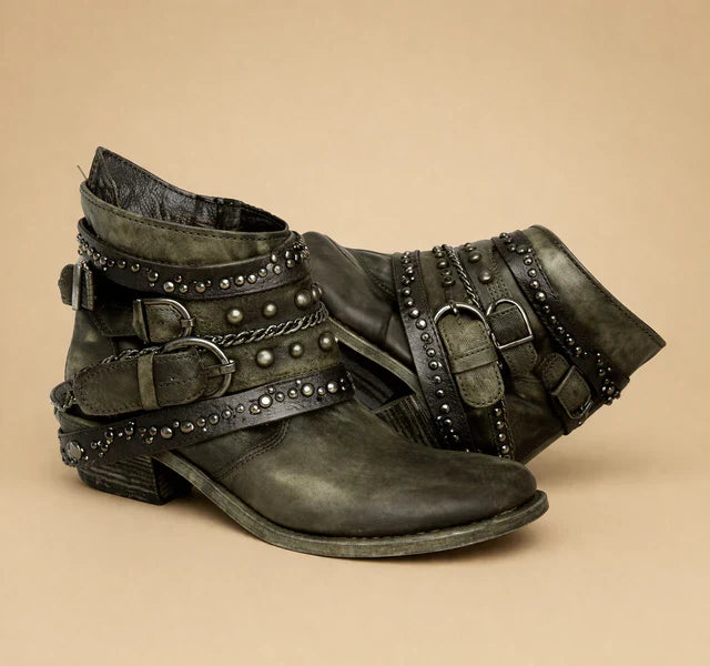 Women's Studded Buckle Strap Western Ankle Boots