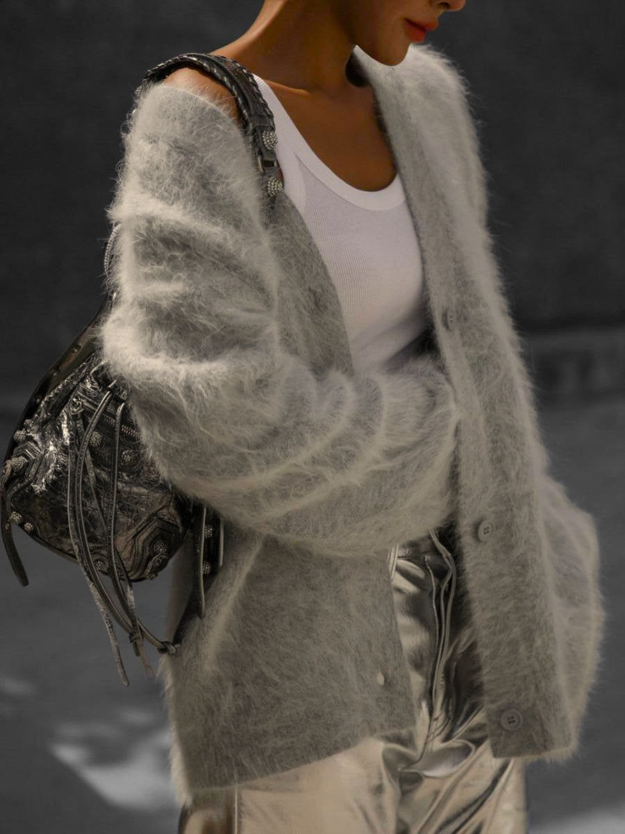 Women's Fuzzy Knit Cardigan With V-Neck