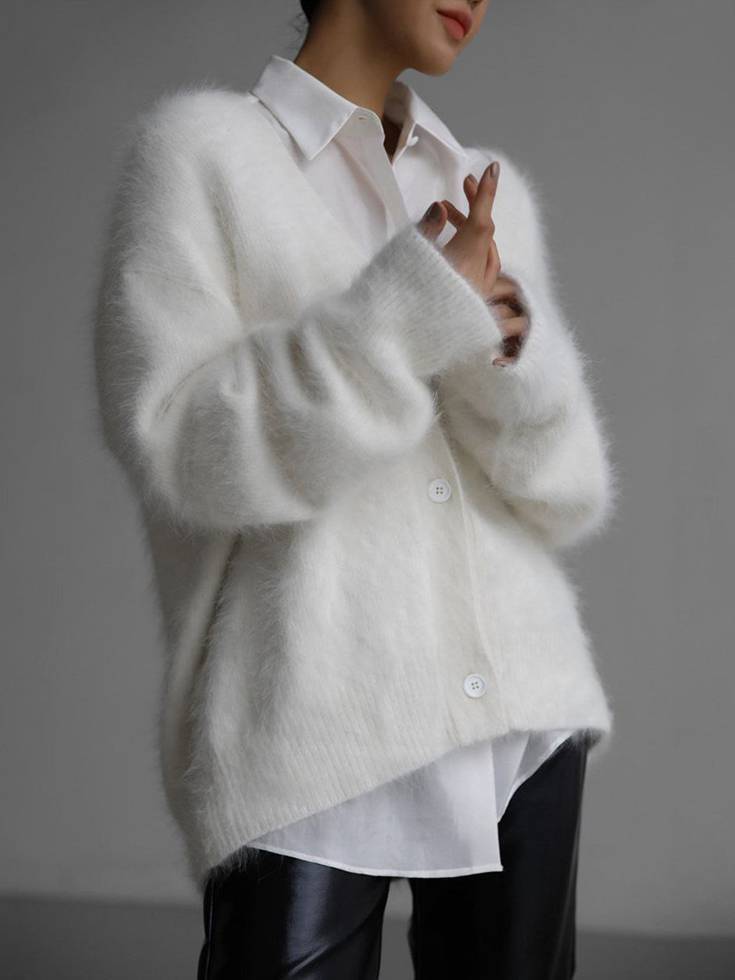 Women's Fuzzy Knit Cardigan With V-Neck