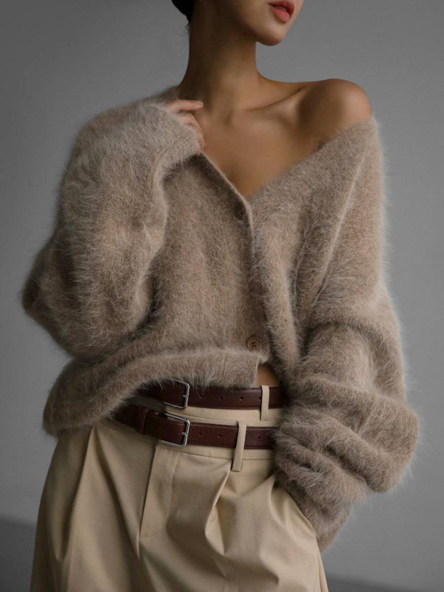 Women's Fuzzy Knit Cardigan With V-Neck