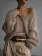Women's Fuzzy Knit Cardigan With V-Neck